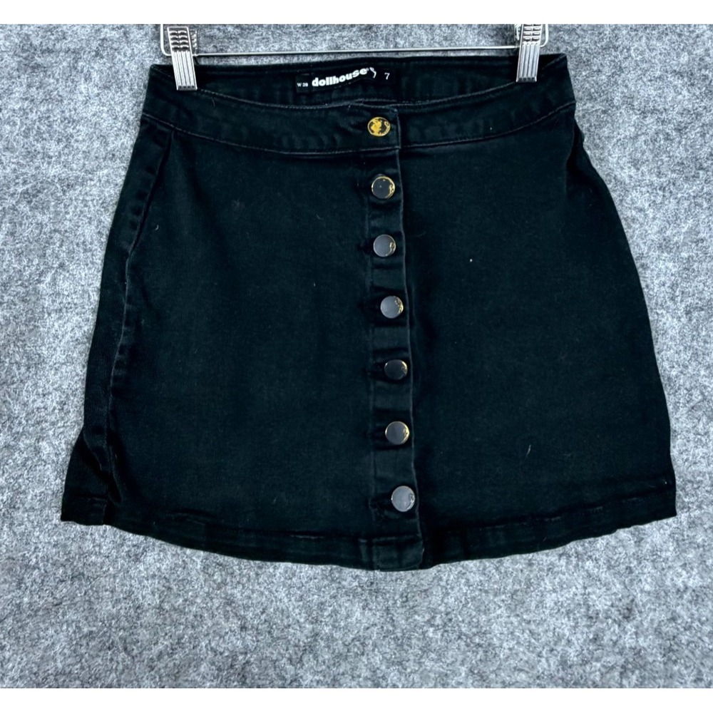 Y2K Dollhouse Mini Jean Skirt Womens 7 Black Denim Button Front Grunge